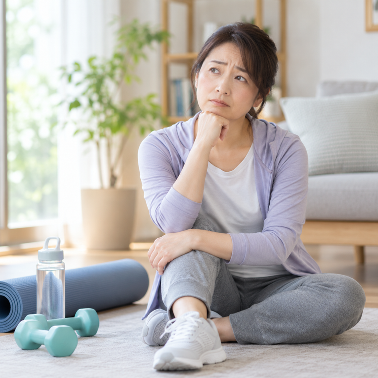 自宅で運動について考える女性のイメージ